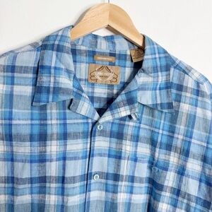 NWOT Bruno Men’s Linen Cotton Blend Short Sleeves‎ Blue Plaid Button Front 2XLB